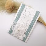 Handgemachte Karte mit Spitze und Perle – Silber Grün Weiß – elegante Grußkarte für Hochzeit, Geburtstag oder Glückwünsche