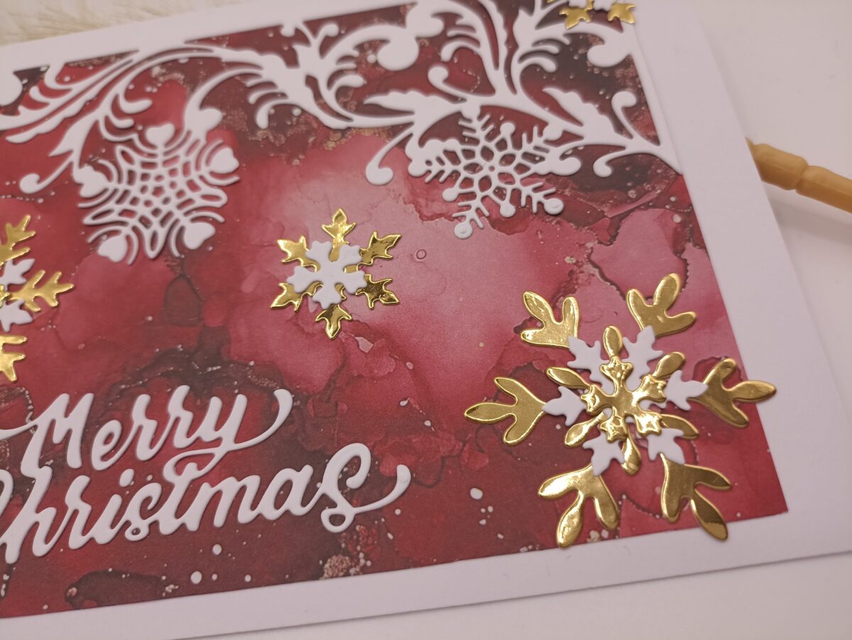 Weihnachtskarte Merry Christmas – handgemacht – Rot Gold – elegante Karte mit Schneeflocken – festliche Winterkarte – Weihnachtsgruß – Bild 3