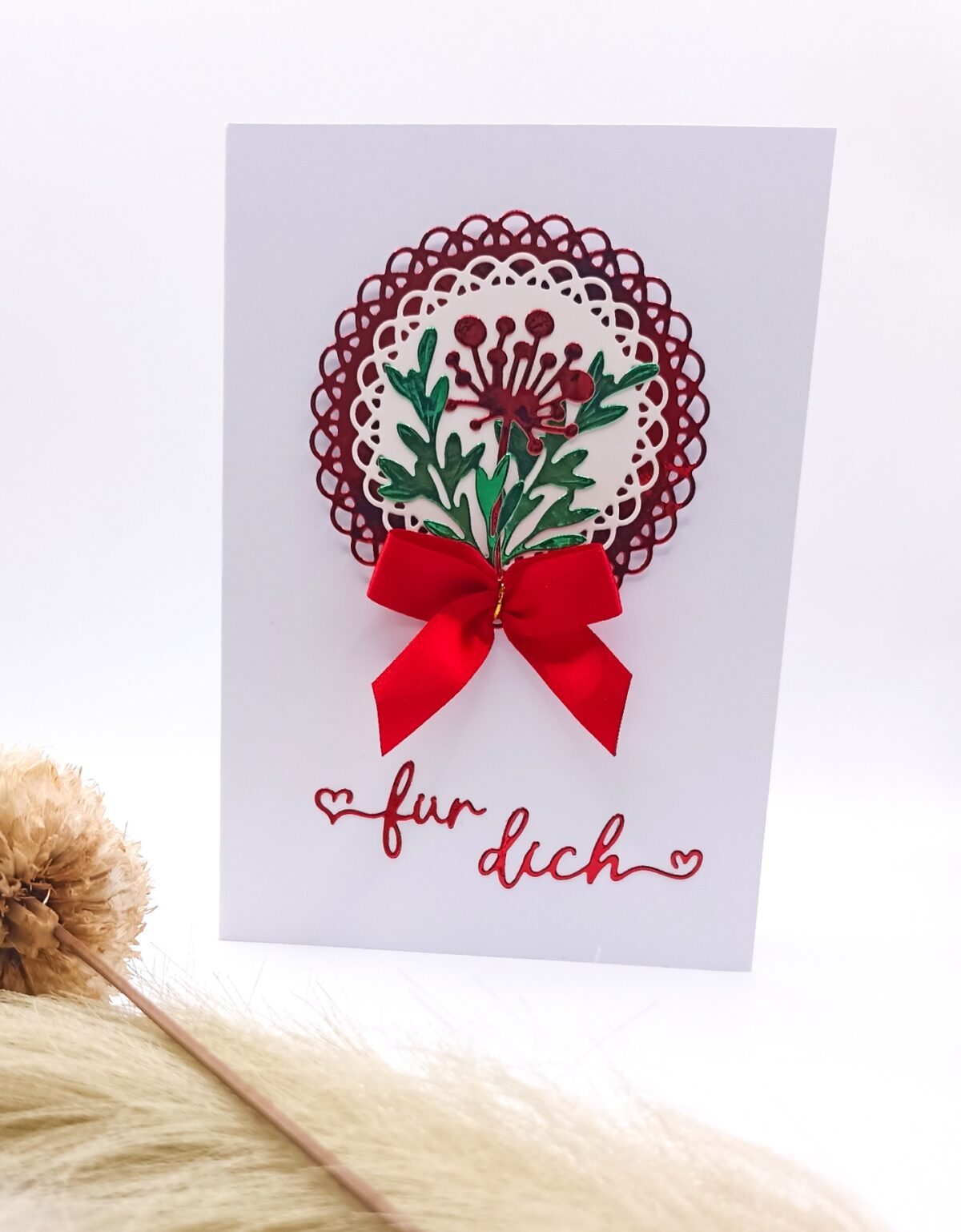 Handgemachte Karte „für dich“ – Rot Weiß – Karte mit Schleife – florales Design – Geschenkkarte, Dankeskarte oder Grußkarte – Bild 2