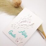 Handgemachte Karte „Alles Gute“ – Weiß Türkis – Schmetterlinge mit Glitzerstein – elegante Grußkarte für Geburtstag oder Glückwünsche